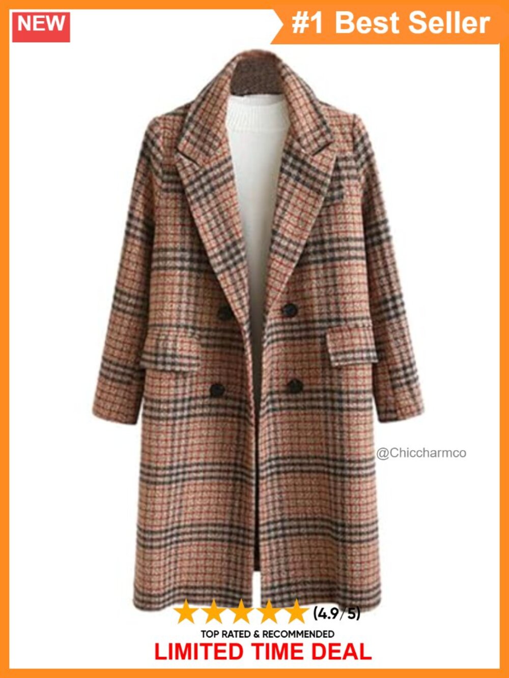 Oversized Plaid Double Breasted Trench Coat Loose Fit Mid-Long Pea Coat